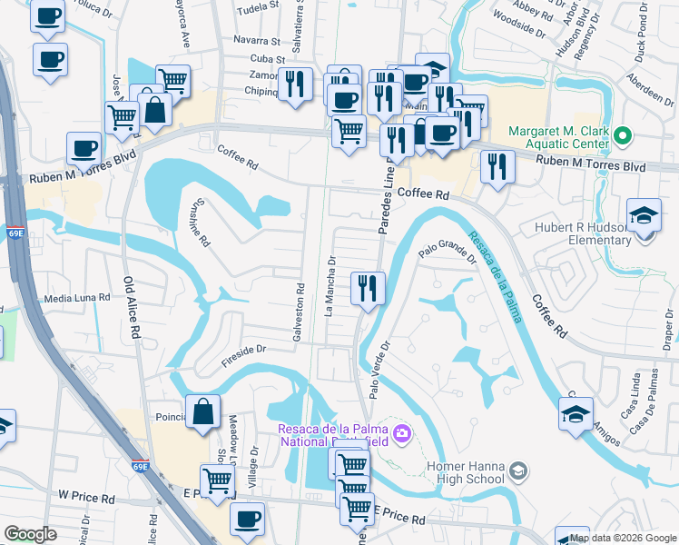 map of restaurants, bars, coffee shops, grocery stores, and more near 1814 Sancho Panza Circle in Brownsville