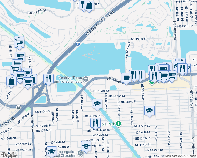 map of restaurants, bars, coffee shops, grocery stores, and more near 1150 Northeast 185th Street in Miami