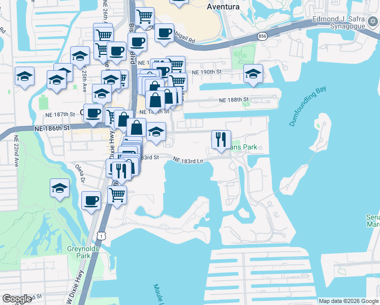 map of restaurants, bars, coffee shops, grocery stores, and more near in Aventura