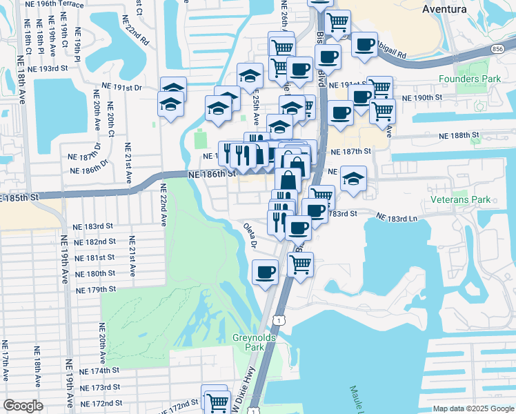 map of restaurants, bars, coffee shops, grocery stores, and more near 2482 Northeast 184th Street in North Miami Beach
