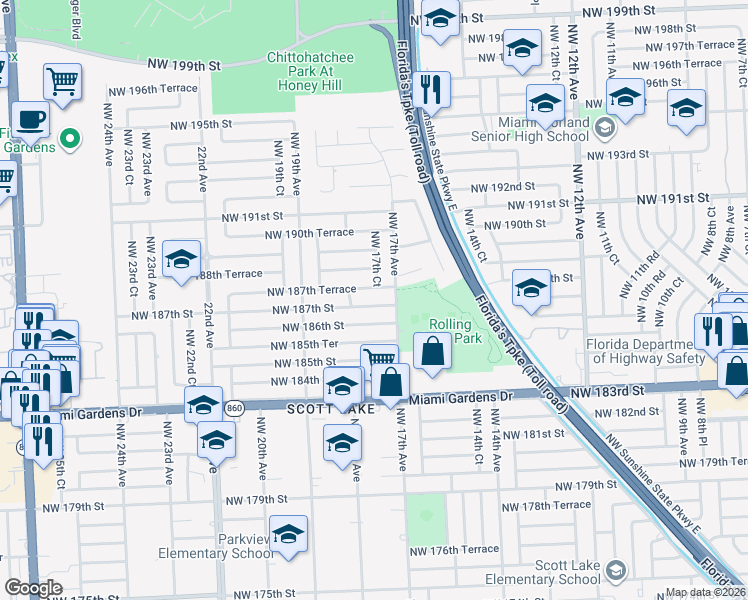map of restaurants, bars, coffee shops, grocery stores, and more near 1730 Northwest 187th Terrace in Miami Gardens