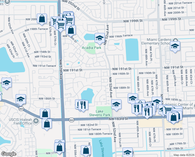 map of restaurants, bars, coffee shops, grocery stores, and more near 5295 Northwest 189th Terrace in Miami Gardens