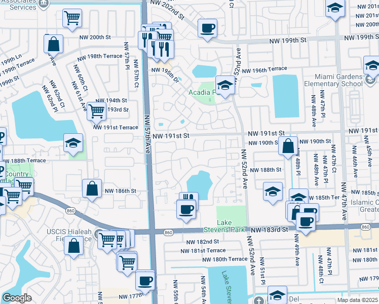 map of restaurants, bars, coffee shops, grocery stores, and more near 5402 Northwest 190th Street in Miami Gardens