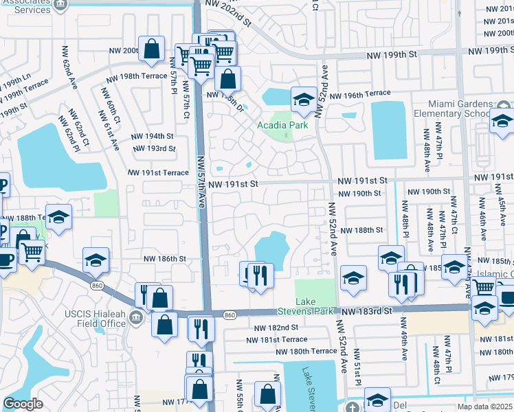 map of restaurants, bars, coffee shops, grocery stores, and more near 5402 Northwest 190th Street in Miami Gardens