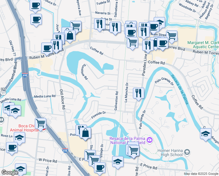 map of restaurants, bars, coffee shops, grocery stores, and more near 1735 Old Creek Court in Brownsville