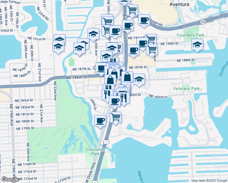 map of restaurants, bars, coffee shops, grocery stores, and more near in Aventura