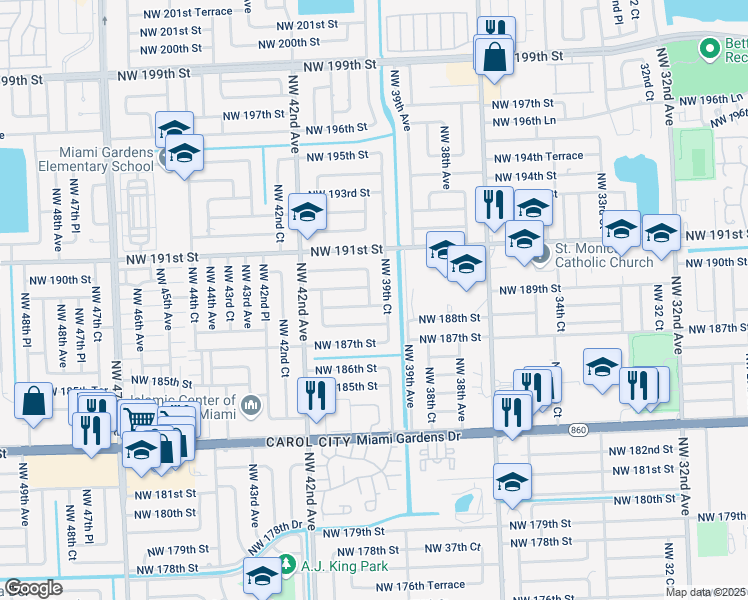map of restaurants, bars, coffee shops, grocery stores, and more near 18805 Northwest 39th Place in Miami Gardens