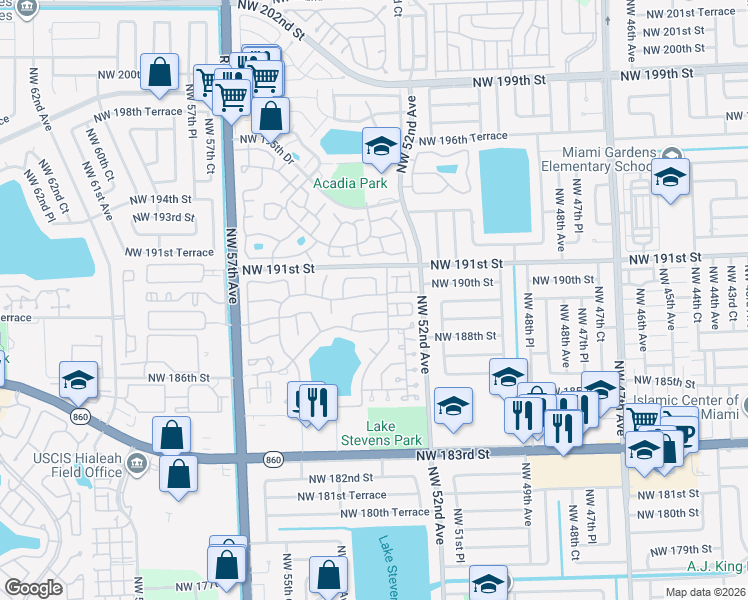 map of restaurants, bars, coffee shops, grocery stores, and more near 5295 Northwest 189th Terrace in Miami Gardens