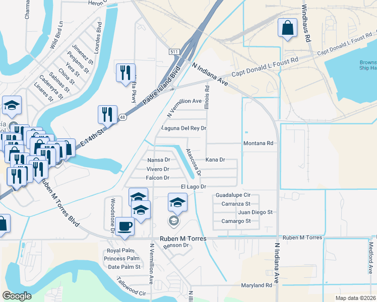 map of restaurants, bars, coffee shops, grocery stores, and more near 7001 Cablas Circle in Brownsville