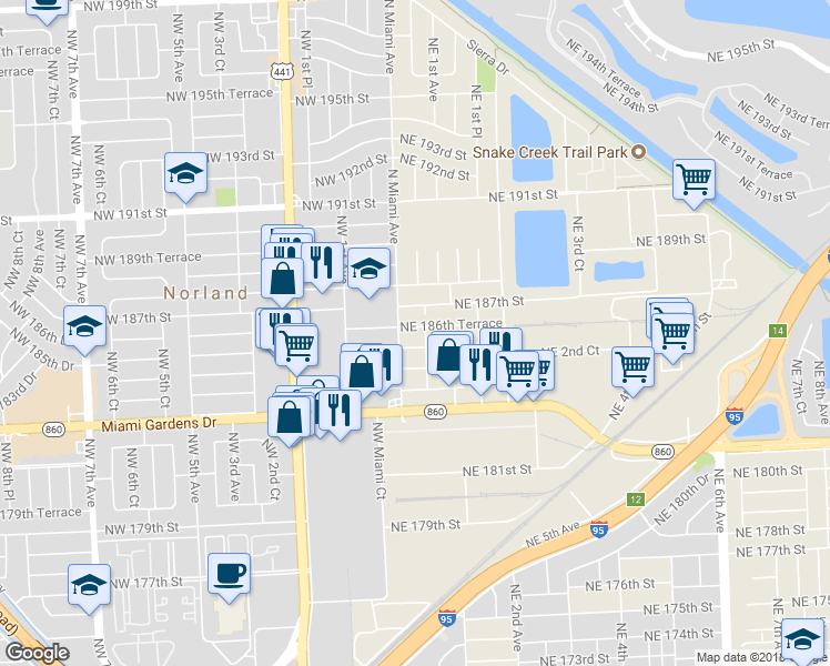 map of restaurants, bars, coffee shops, grocery stores, and more near 40 Northeast 186th Terrace in Miami