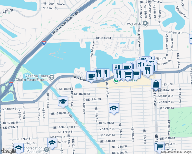 map of restaurants, bars, coffee shops, grocery stores, and more near 1401 Northeast Miami Gardens Drive in Miami