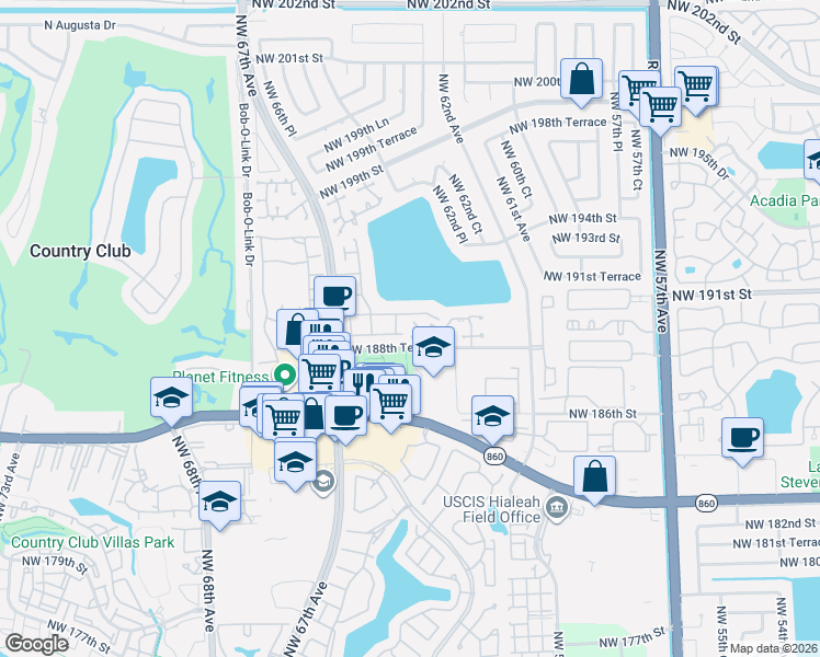 map of restaurants, bars, coffee shops, grocery stores, and more near 18985 Northwest 63rd Court Circle in Hialeah