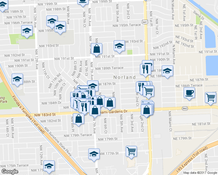 map of restaurants, bars, coffee shops, grocery stores, and more near 571 Northwest 186th Street in Miami