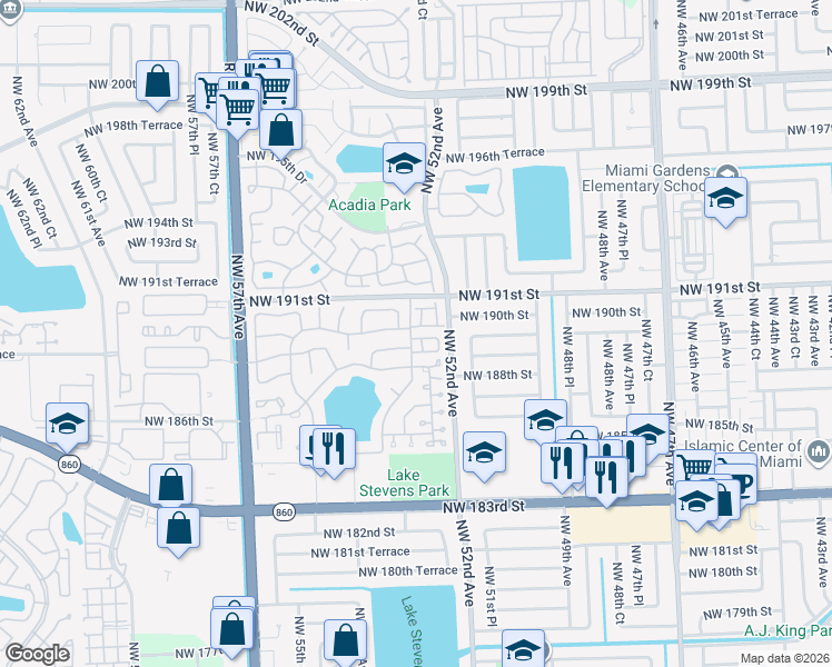 map of restaurants, bars, coffee shops, grocery stores, and more near 5295 Northwest 189th Terrace in Miami Gardens