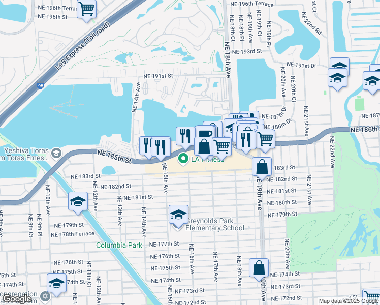map of restaurants, bars, coffee shops, grocery stores, and more near 1590 Northeast Miami Gardens Drive in North Miami Beach