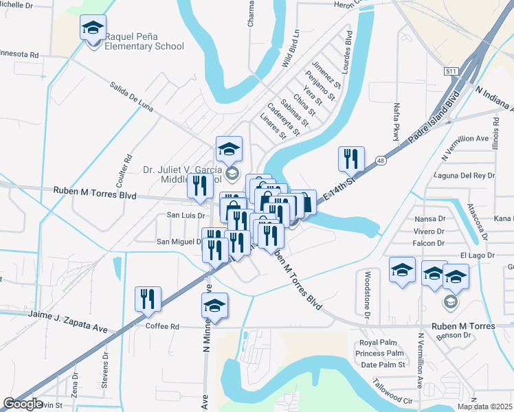 map of restaurants, bars, coffee shops, grocery stores, and more near 5509 Guaymas Street in Brownsville