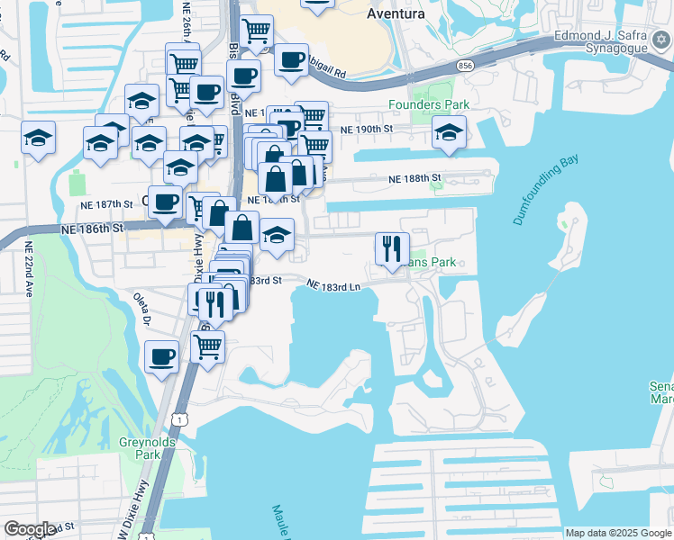 map of restaurants, bars, coffee shops, grocery stores, and more near in Aventura