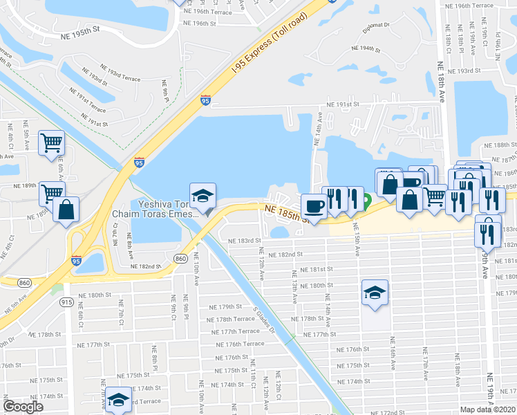 map of restaurants, bars, coffee shops, grocery stores, and more near 19835 Northeast 12th Avenue in Miami