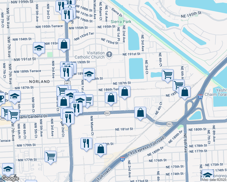 map of restaurants, bars, coffee shops, grocery stores, and more near 100 Northeast 186th Terrace in North Miami Beach