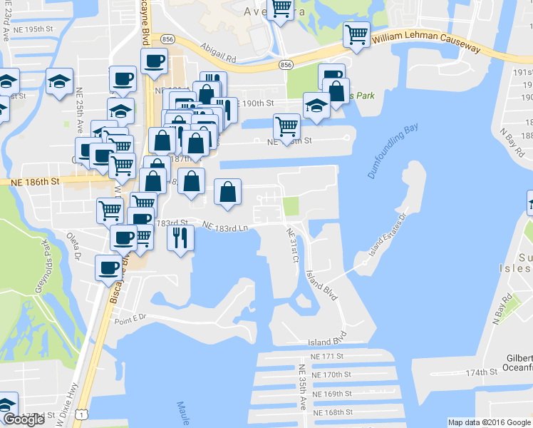 map of restaurants, bars, coffee shops, grocery stores, and more near 3073 Northeast 183rd Lane in Aventura