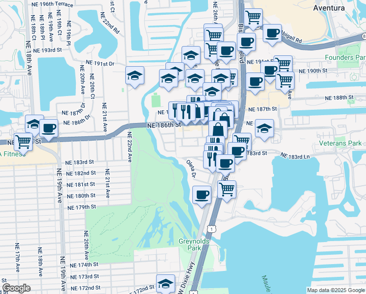 map of restaurants, bars, coffee shops, grocery stores, and more near 2400 Northeast 184th Street in Miami