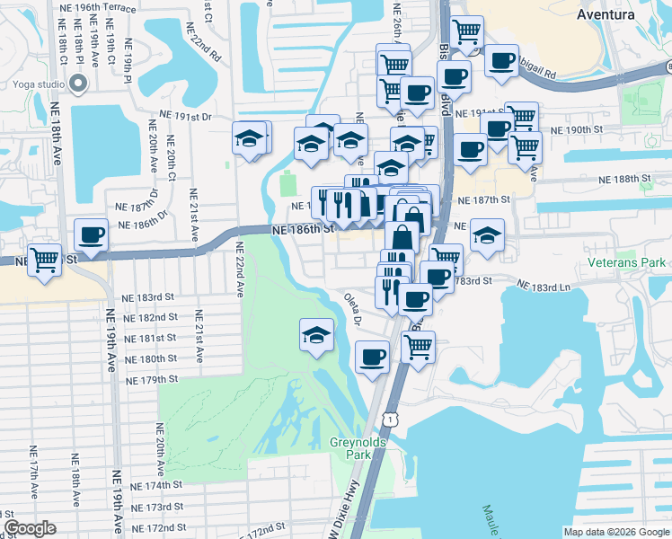 map of restaurants, bars, coffee shops, grocery stores, and more near 2400 Northeast 184th Street in Miami