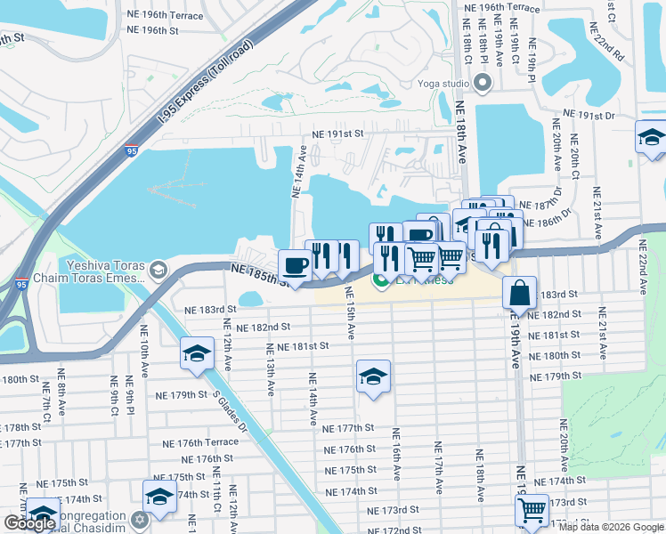 map of restaurants, bars, coffee shops, grocery stores, and more near 1401 Northeast Miami Gardens Drive in Miami
