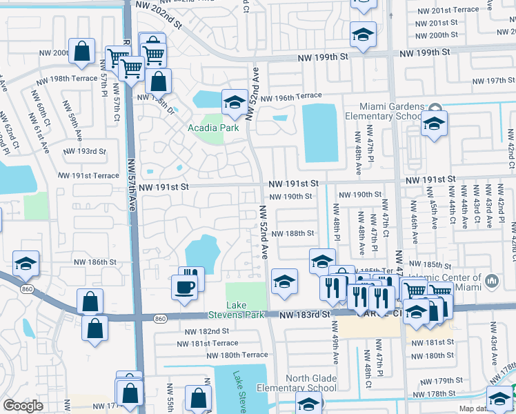 map of restaurants, bars, coffee shops, grocery stores, and more near 18921 Northwest 52nd Avenue in Miami Gardens