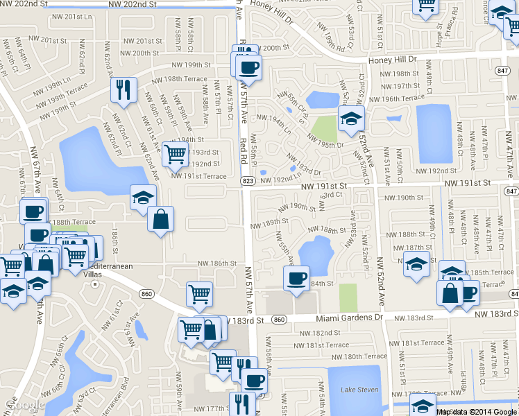 map of restaurants, bars, coffee shops, grocery stores, and more near 18937 Northwest 56th Court in Miami Gardens