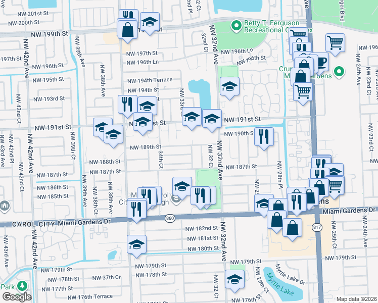 map of restaurants, bars, coffee shops, grocery stores, and more near 3321 Northwest 188th Street in Miami Gardens