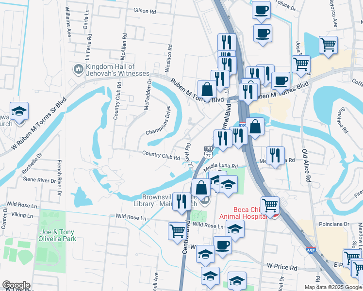 map of restaurants, bars, coffee shops, grocery stores, and more near 808-2 Corto Street in Brownsville