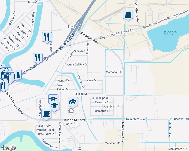 map of restaurants, bars, coffee shops, grocery stores, and more near 8130 Montana Road in Brownsville