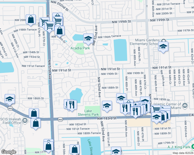 map of restaurants, bars, coffee shops, grocery stores, and more near 18921 Northwest 52nd Avenue in Miami Gardens