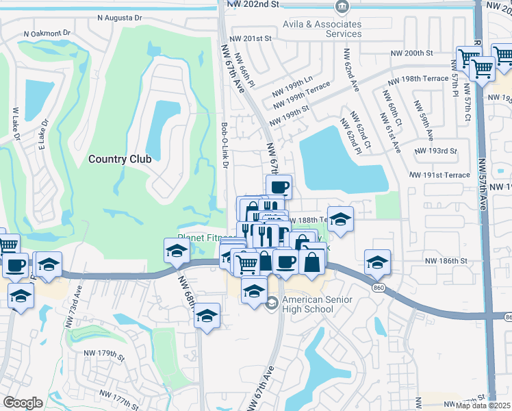 map of restaurants, bars, coffee shops, grocery stores, and more near 6730 Northwest 189th Terrace in Hialeah