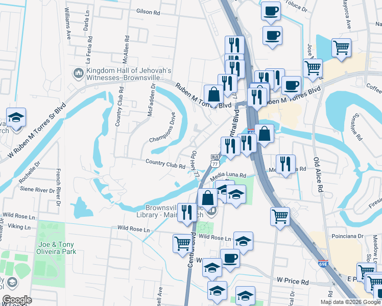 map of restaurants, bars, coffee shops, grocery stores, and more near 808-2 Corto Street in Brownsville
