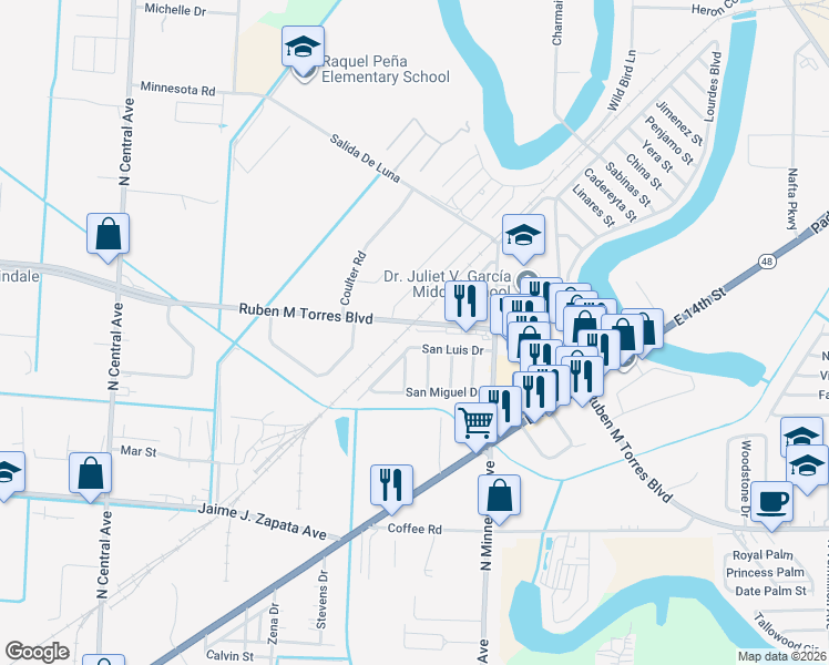 map of restaurants, bars, coffee shops, grocery stores, and more near 5570 Ruben M Torres Boulevard in Brownsville