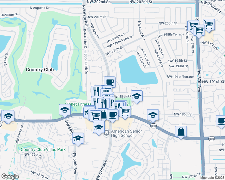 map of restaurants, bars, coffee shops, grocery stores, and more near 18854 Northwest 65th Court in Hialeah