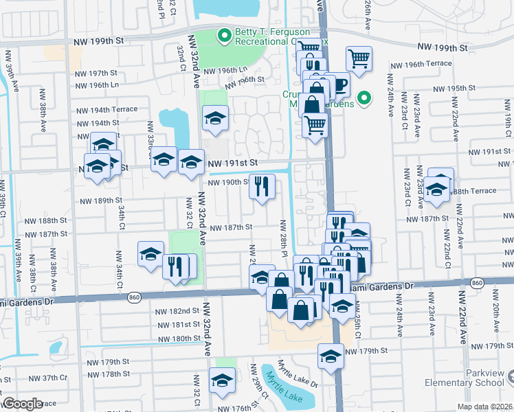 map of restaurants, bars, coffee shops, grocery stores, and more near 18801 Northwest 29th Court in Miami Gardens