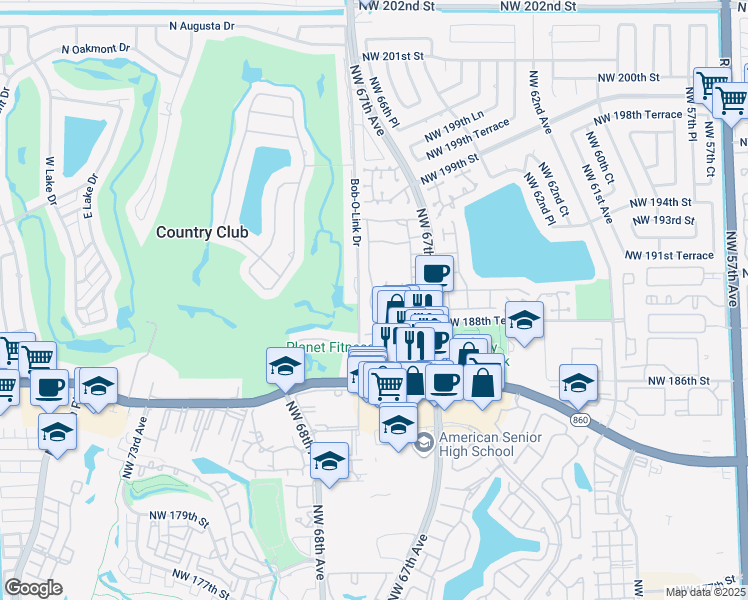map of restaurants, bars, coffee shops, grocery stores, and more near 18940 Northwest 67th Place in Hialeah