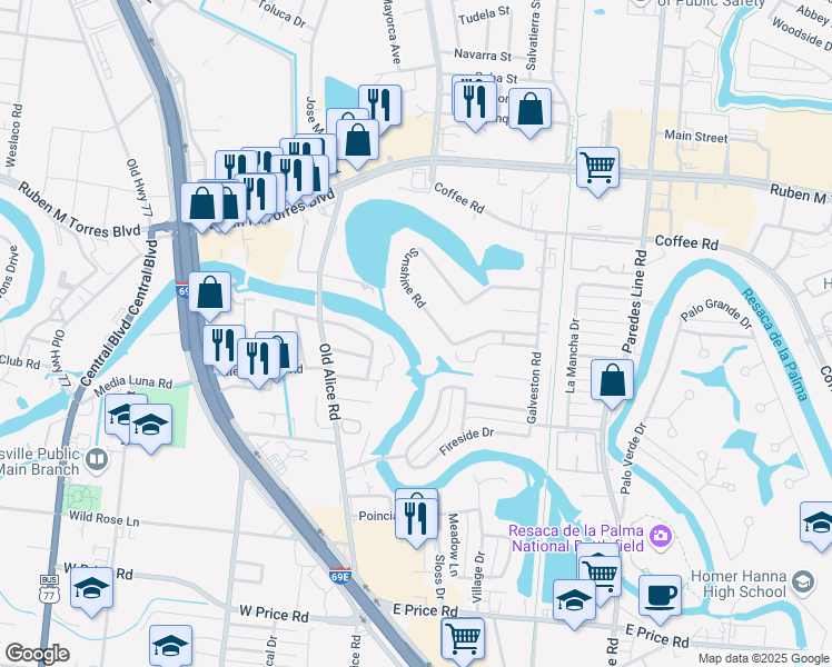 map of restaurants, bars, coffee shops, grocery stores, and more near 411 Sunshine Road in Brownsville