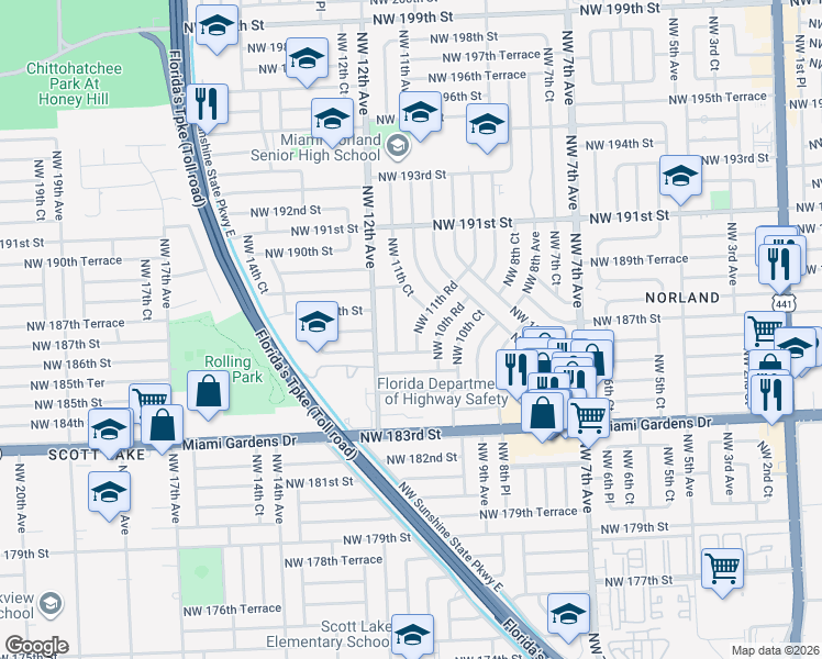 map of restaurants, bars, coffee shops, grocery stores, and more near 18640 Northwest 11th Road in Miami