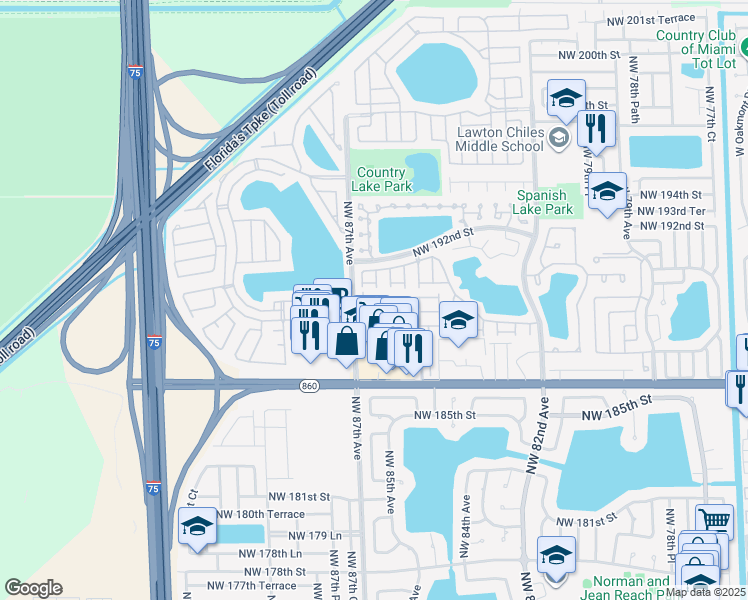 map of restaurants, bars, coffee shops, grocery stores, and more near 3606 Northwest 86th Avenue in Hialeah