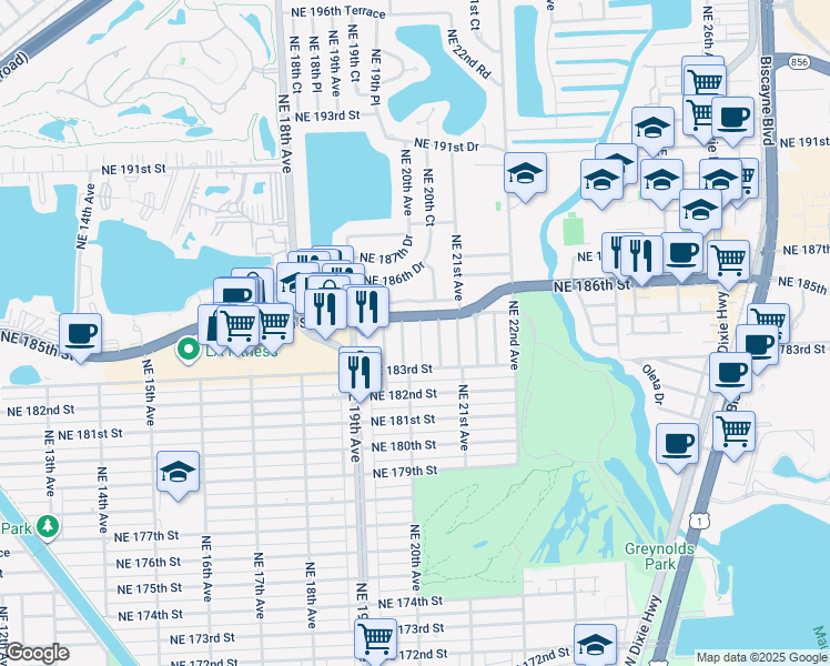 map of restaurants, bars, coffee shops, grocery stores, and more near 18441 Northeast 20th Court in North Miami Beach