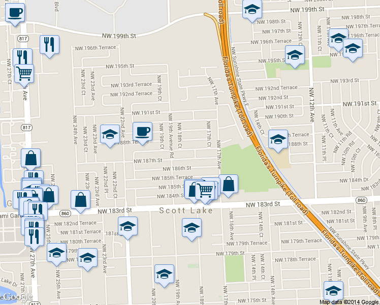 map of restaurants, bars, coffee shops, grocery stores, and more near 1810 Northwest 187th Terrace in Miami Gardens