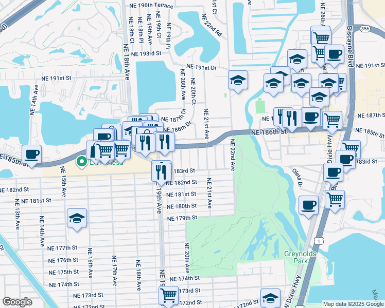 map of restaurants, bars, coffee shops, grocery stores, and more near 18441 Northeast 20th Court in North Miami Beach