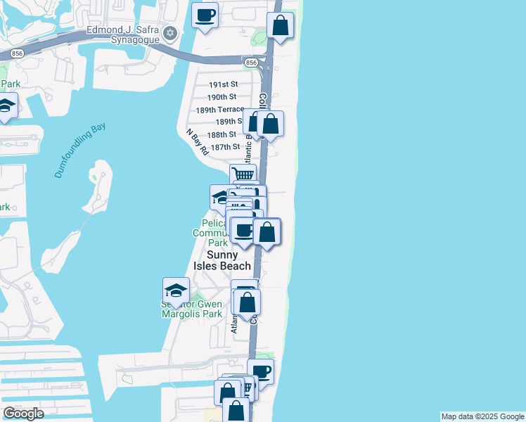 map of restaurants, bars, coffee shops, grocery stores, and more near 18291 Collins Avenue in Sunny Isles Beach