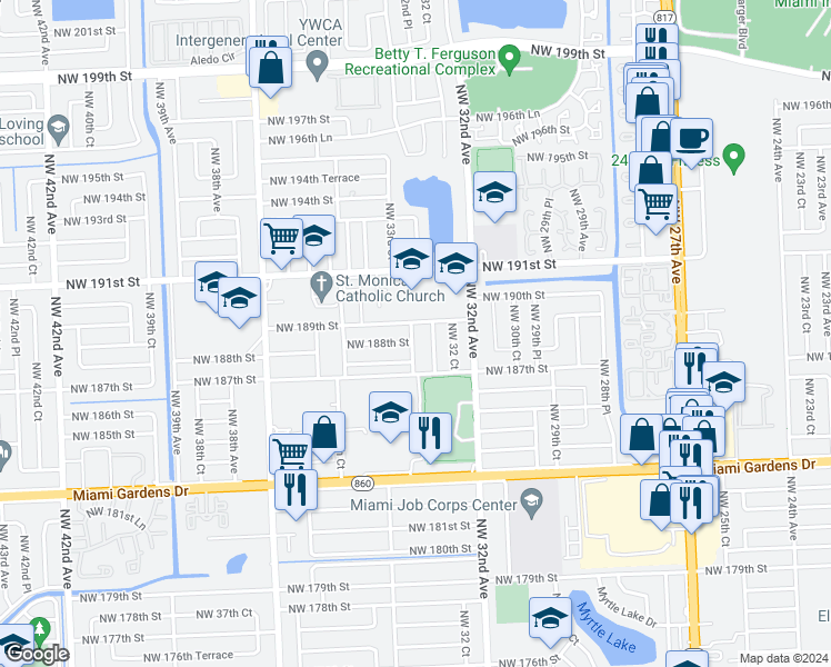 map of restaurants, bars, coffee shops, grocery stores, and more near 3321 Northwest 188th Street in Miami Gardens