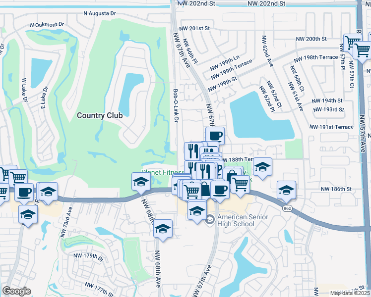 map of restaurants, bars, coffee shops, grocery stores, and more near 18940 Northwest 67th Place in Hialeah