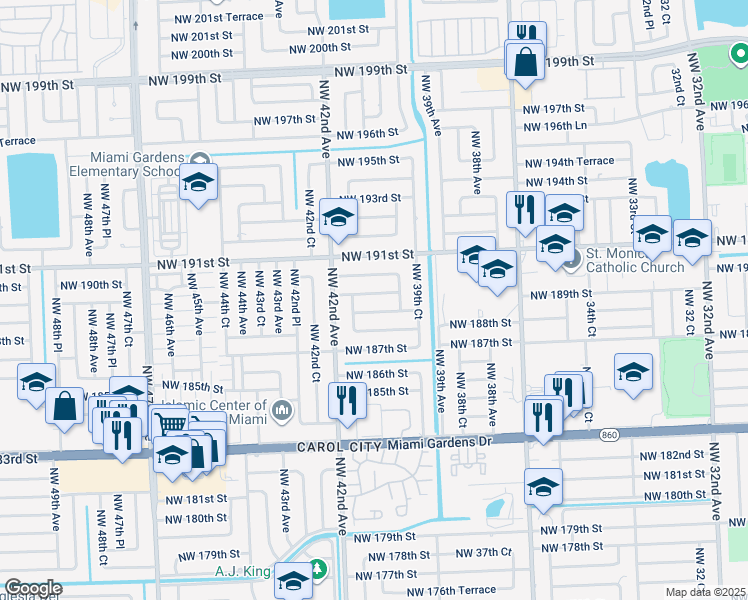 map of restaurants, bars, coffee shops, grocery stores, and more near 4010 Northwest 189th Terrace in Miami Gardens