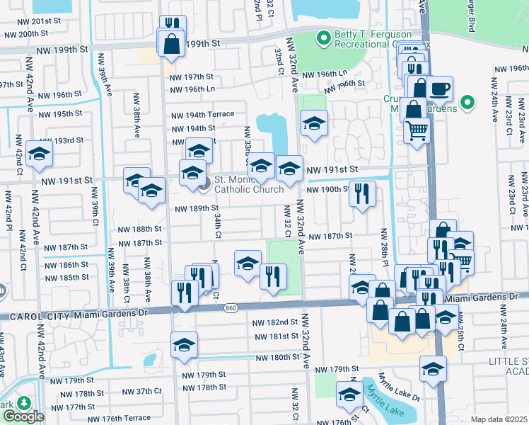 map of restaurants, bars, coffee shops, grocery stores, and more near 3321 Northwest 188th Street in Miami Gardens